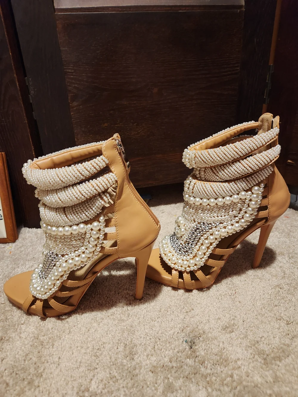 Azalea Wang Pearl-Embellished Tan High Heels - Picture 4 of 8